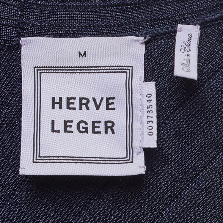 مملوكة مسبقًا Herve Leger Navy Blue Bandage Knit Cap Sleeve Midi Dress M
