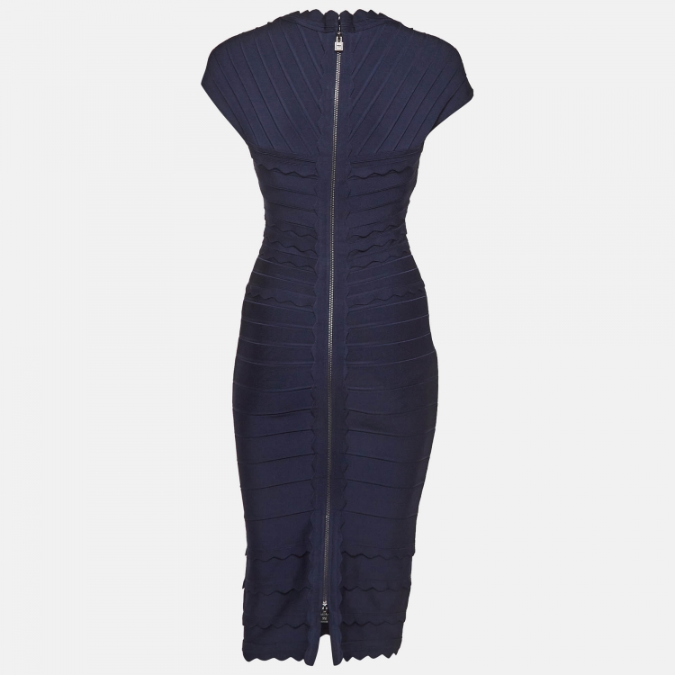مملوكة مسبقًا Herve Leger Navy Blue Bandage Knit Cap Sleeve Midi Dress M