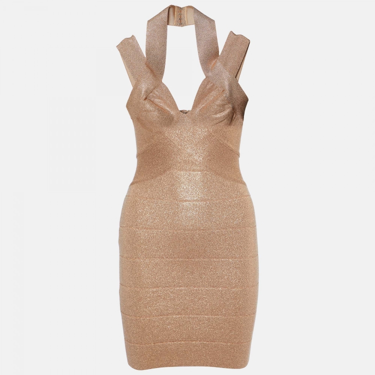 Pre Owned Herve Leger Metallic Lurex Knit Bandage Mini Dress XXS