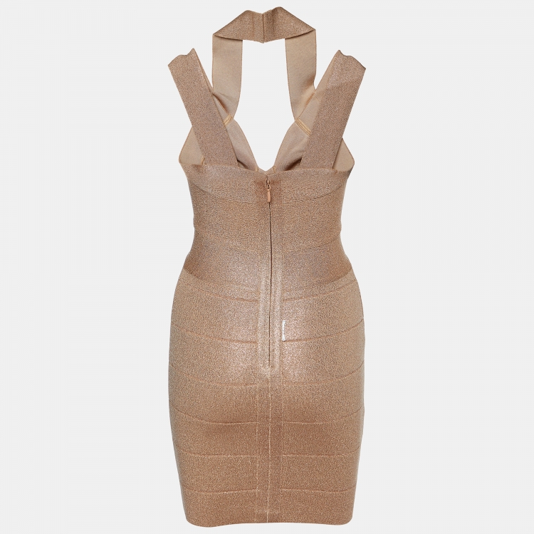 Pre Owned Herve Leger Metallic Lurex Knit Bandage Mini Dress XXS