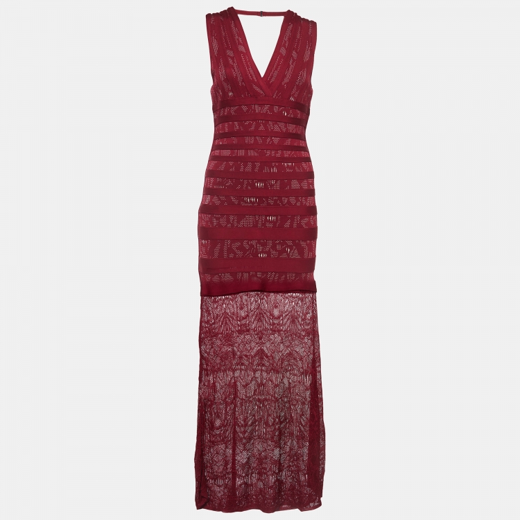 Pre Owned Herve Leger Burgundy Knit Lace Trim Maxi Dress M