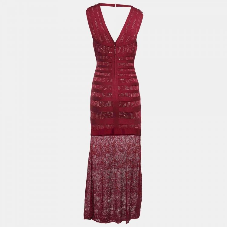 Pre Owned Herve Leger Burgundy Knit Lace Trim Maxi Dress M