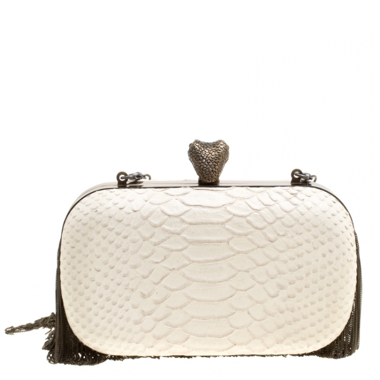 Pre Owned House of Harlow 1960 Off White Python Embossed Leather Jude Clutch