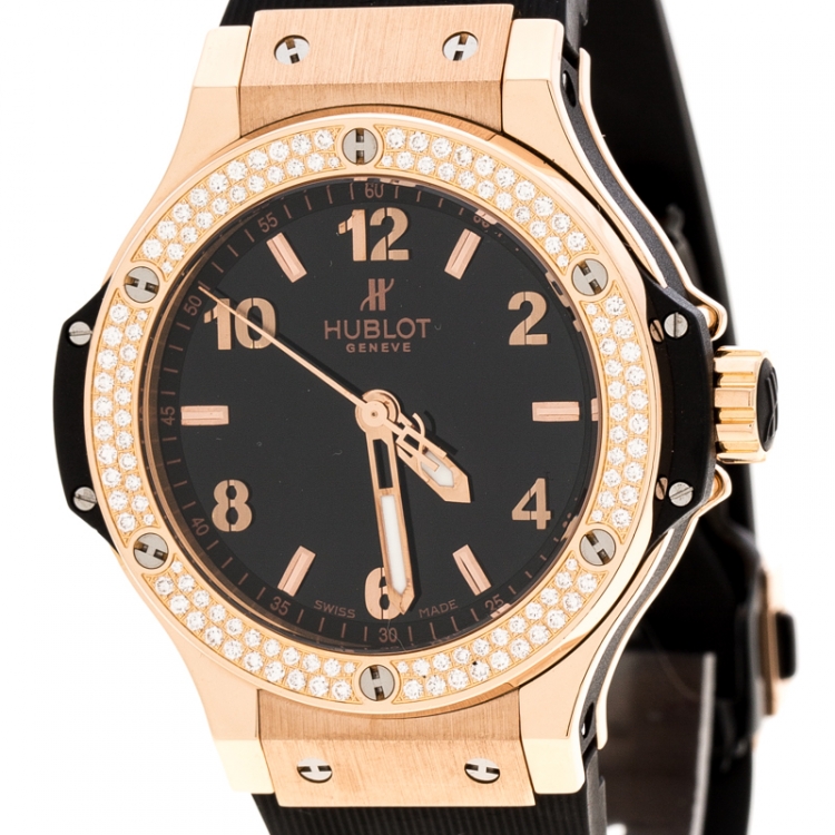 Pre Owned Hublot Black 18K Rose Gold Diamonds Big Bang Women's Wristwatch 38MM