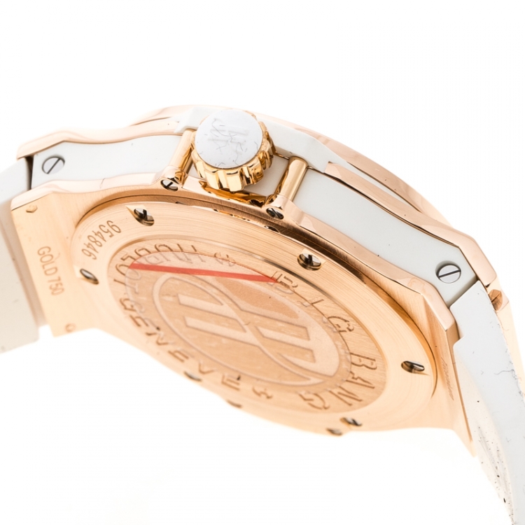 Pre Owned Hublot White 18K Rose Gold Diamonds Big Bang Women's Wristwatch 38 mm