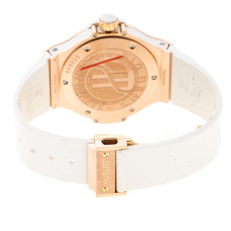 Pre Owned Hublot White 18K Rose Gold Diamonds Big Bang Women's Wristwatch 38 mm