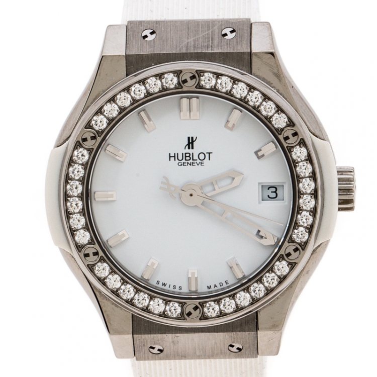 Pre Owned Hublot White Titanium and Stainless Steel Diamond Classic Fushion Women's Wristwatch 33 MM