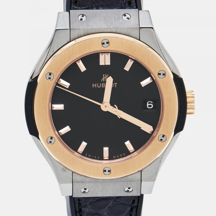 Pre Owned Hublot Black 18K Rose Gold Titanium Rubber Classic Fusion 581.NO.1181.RX Women's Wristwatch 33 mm