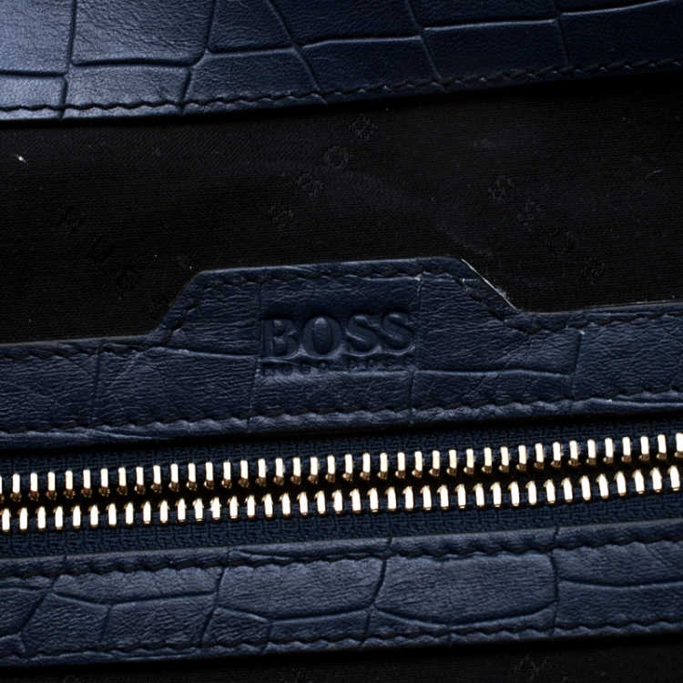 Pre Owned Hugo Boss Blue Crocodile Embossed Leather Cleide-C Satchel 