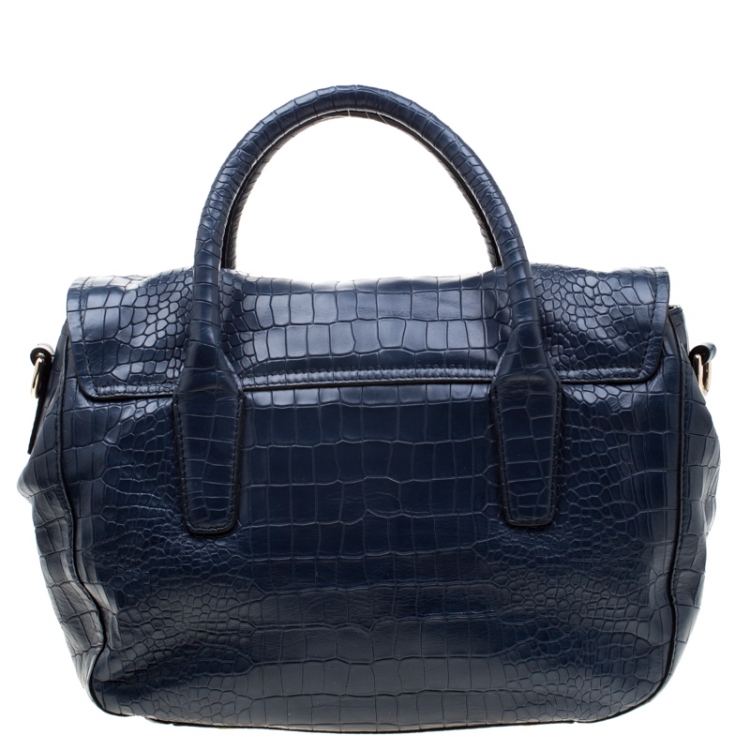 Pre Owned Hugo Boss Blue Crocodile Embossed Leather Cleide-C Satchel 