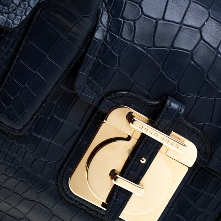 Pre Owned Hugo Boss Blue Crocodile Embossed Leather Cleide-C Satchel 