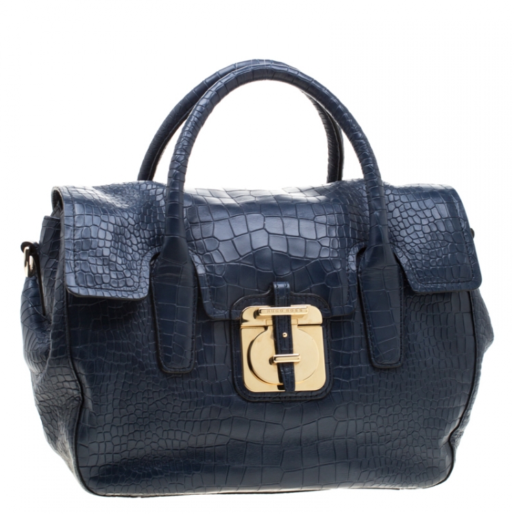 Pre Owned Hugo Boss Blue Crocodile Embossed Leather Cleide-C Satchel 
