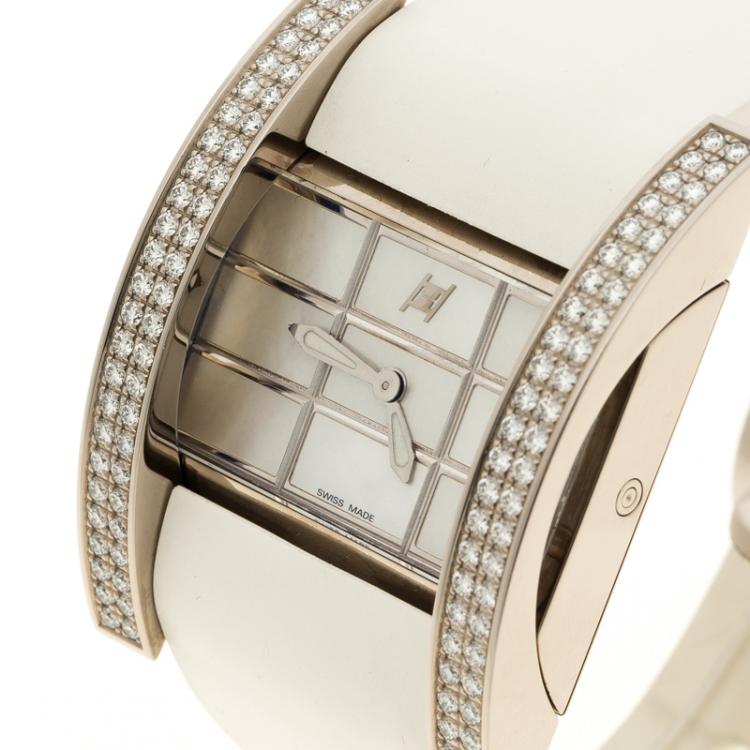 Pre Owned Hysek Mother of Pearl White Gold Diamond Rectangular  Women's Wristwatch 36 mm
