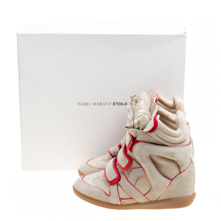 Pre Owned Isabel Marant Grey Suede with Metalllic Red Leather Trim Bekett Wedge Sneakers Size 35