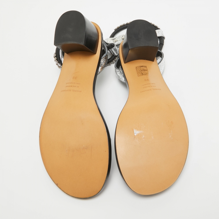 Pre Owned Isabel Marant Silver/Black Crackled Laminated Leather Ankle Strap Sandals Size 39