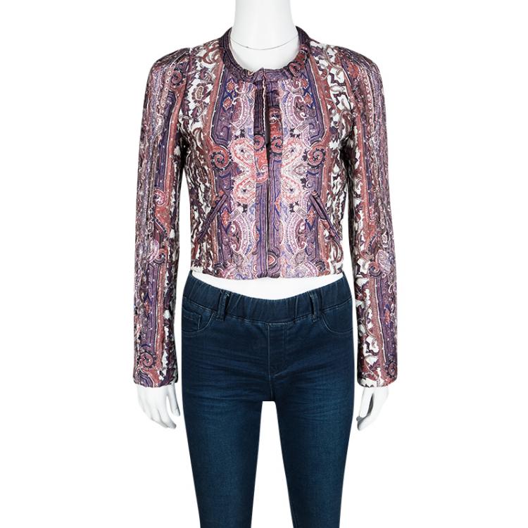 Pre Owned Isabel Marant Glenn Printed Silk Satin Quilted Cropped Jacket S