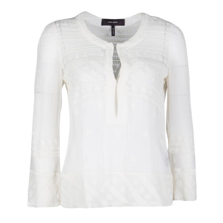 Pre Owned Isabel Marant White Embroidered Crinkled Silk Sheer Top S