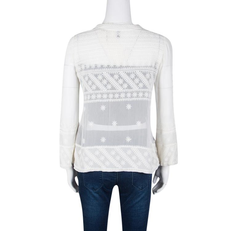 Pre Owned Isabel Marant White Embroidered Crinkled Silk Sheer Top S