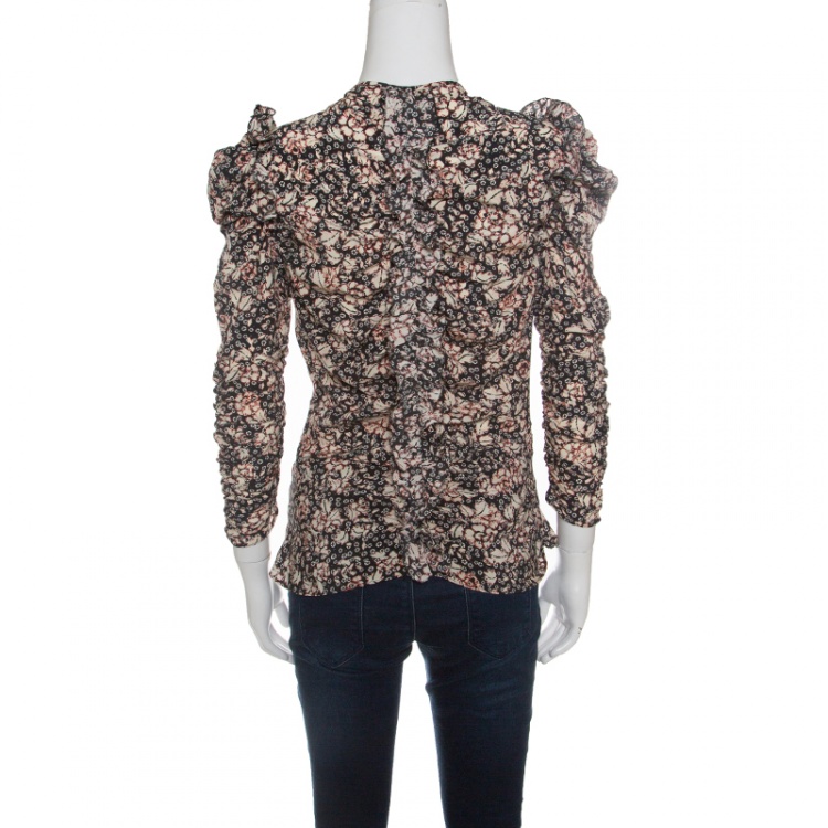 Pre Owned Isabel Marant Wildflower Printed Ruched Silk Zip Front Bali Blouse M