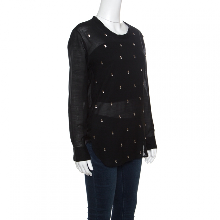 Pre Owned Isabel Marant Black Sheer Silk Crystal Embellished Long Sleeve Golin Blouse S