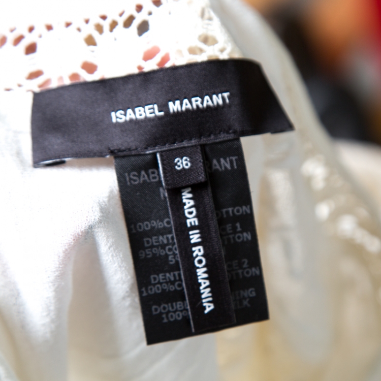 Pre Owned Isabel Marant Off White Cotton Smocked Waist Yoke Lace Peasant Dress S