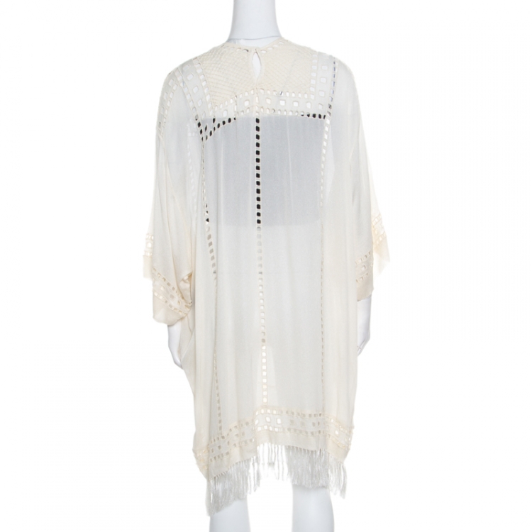 Pre Owned Isabel Marant Etoile Cream Embroidered Ladder Lace Insert Tasseled Hem Kaftan S