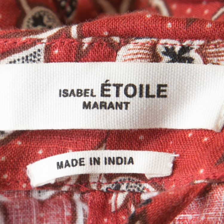 Pre Owned Isabel Marant Etoile Brick Red Paisley Print Linen One Shoulder Ruffle Mini Teller Dress S