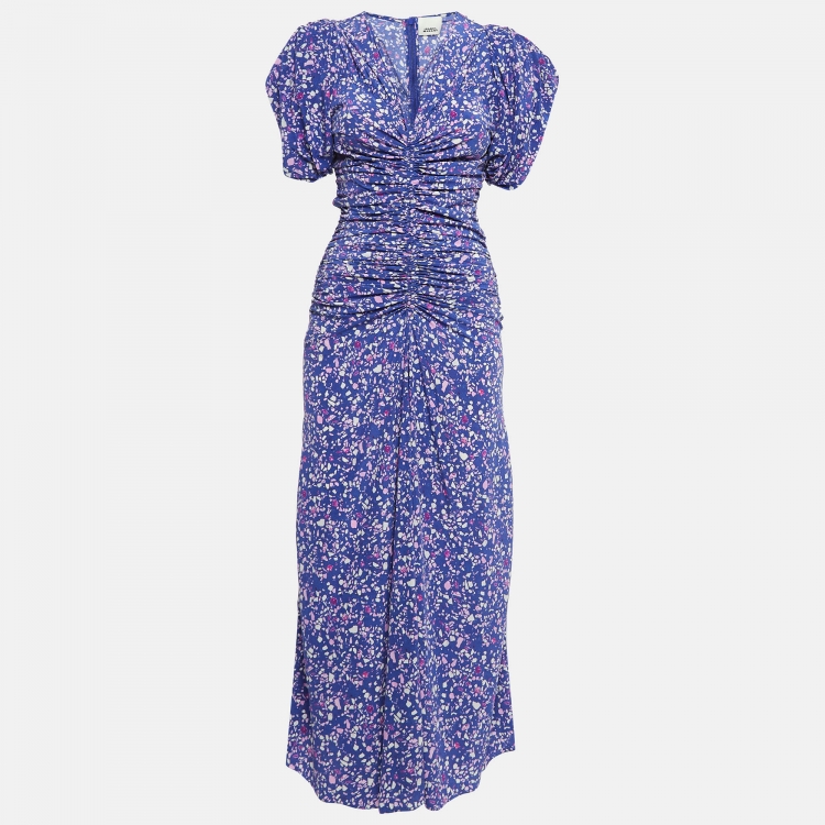 مملوكة مسبقًا Isabel Marant Purple Printed Silk Blend Ruched Long Dress S