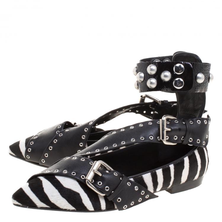 Pre Owned Isabel Marant Zebra Print Calf Hair Linzy Eyelet Pointed Toe Ballet Flats Size 37