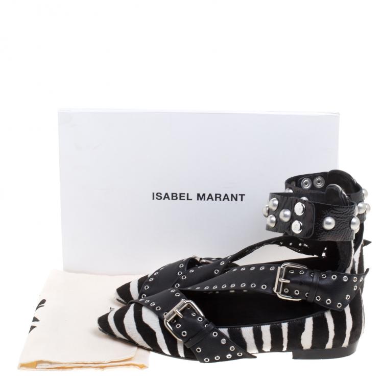 Pre Owned Isabel Marant Zebra Print Calf Hair Linzy Eyelet Pointed Toe Ballet Flats Size 37