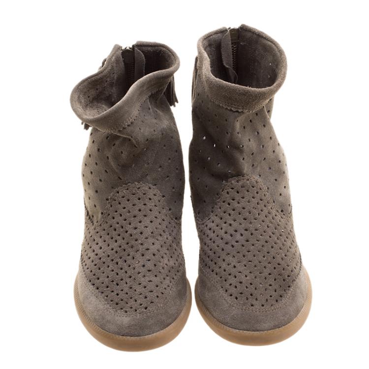 Pre Owned Isabel Marant Moss Green Perforated Suede Basley Ankle Boots Size 40