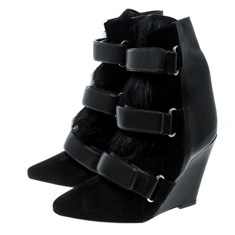 Pre Owned Isabel Marant Black Suede and Calf Hair Scarlet Wedge Boots Size 36