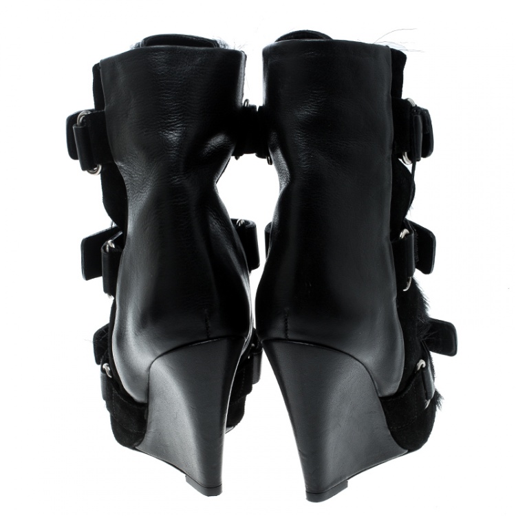Pre Owned Isabel Marant Black Suede and Calf Hair Scarlet Wedge Boots Size 36