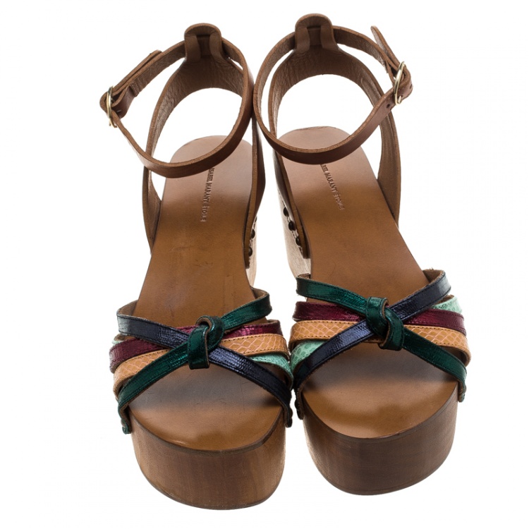 Pre Owned Isabel Marant Multicolor Leather Zia Wooden Wedge Ankle Strap Sandals Size 38