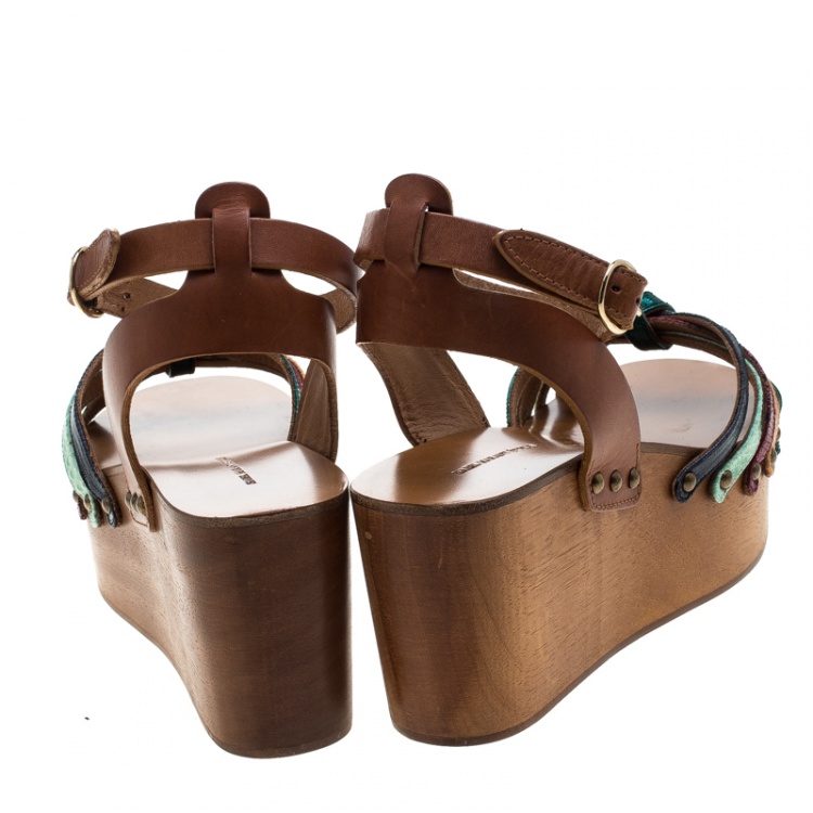 Pre Owned Isabel Marant Multicolor Leather Zia Wooden Wedge Ankle Strap Sandals Size 38