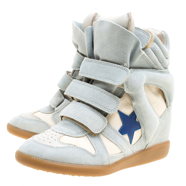 Pre Owned Isabel Marant Grey/Beige Suede and Canvas Bayley Star Wedge Sneakers Size 37