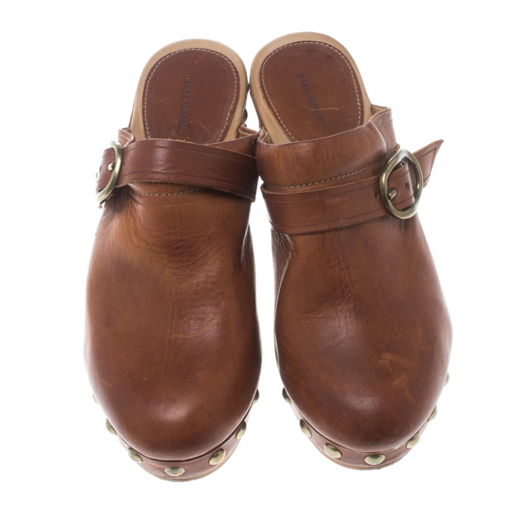 Pre Owned Isabel Marant Brown Leather Studded Platform Clogs Size 37