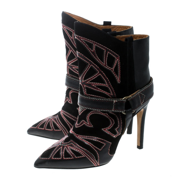 Pre Owned Isabel Marant Black Embroidered Suede and Leather Betty Ankle Boots Size 37