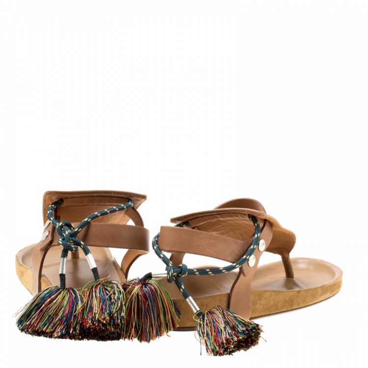 Pre Owned Isabel Marant Brown Suede and Leather Cook Lee Tassel Flat Sandals Size 40