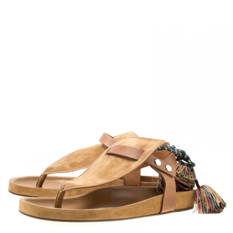 Pre Owned Isabel Marant Brown Suede and Leather Cook Lee Tassel Flat Sandals Size 40
