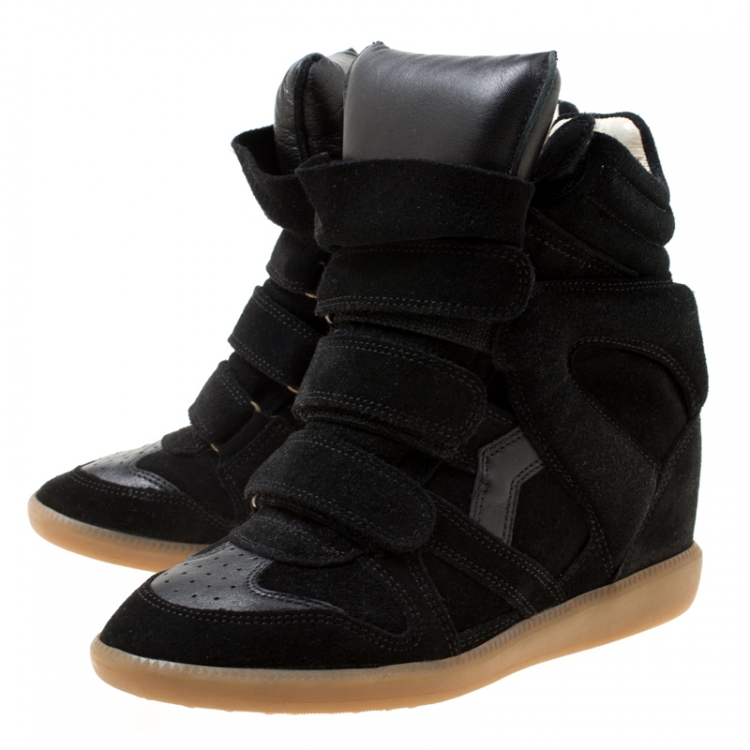 Pre Owned Isabel Marant Black Suede And Leather Bekett Wedge Sneakers Size 38