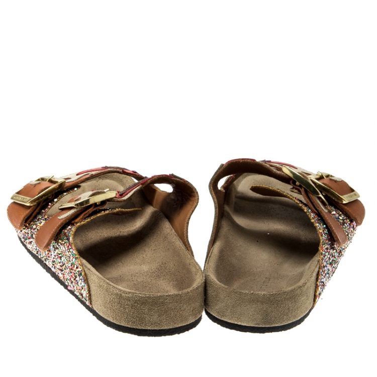 Pre Owned Isabel Marant Multicolor Leather And Coarse Glitter Gail Flat Slides Size 37