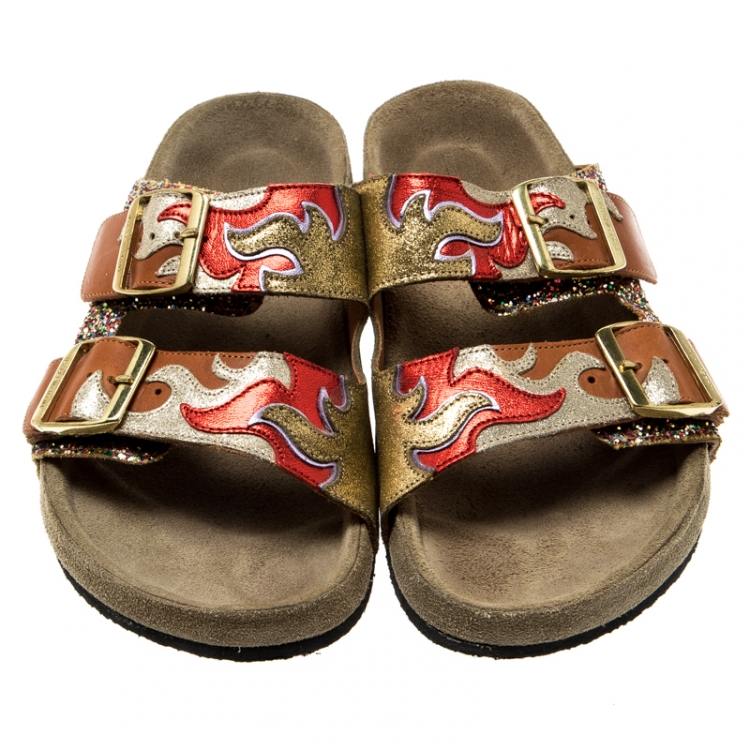 Pre Owned Isabel Marant Multicolor Leather And Coarse Glitter Gail Flat Slides Size 37