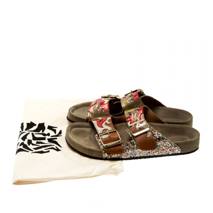 Pre Owned Isabel Marant Multicolor Leather And Coarse Glitter Gail Flat Slides Size 37