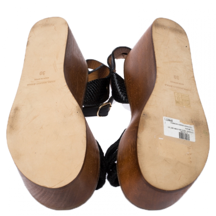 Pre Owned Isabel Marant Black Knot Rope and Leather Zia Wooden Wedge Sandals Size 39