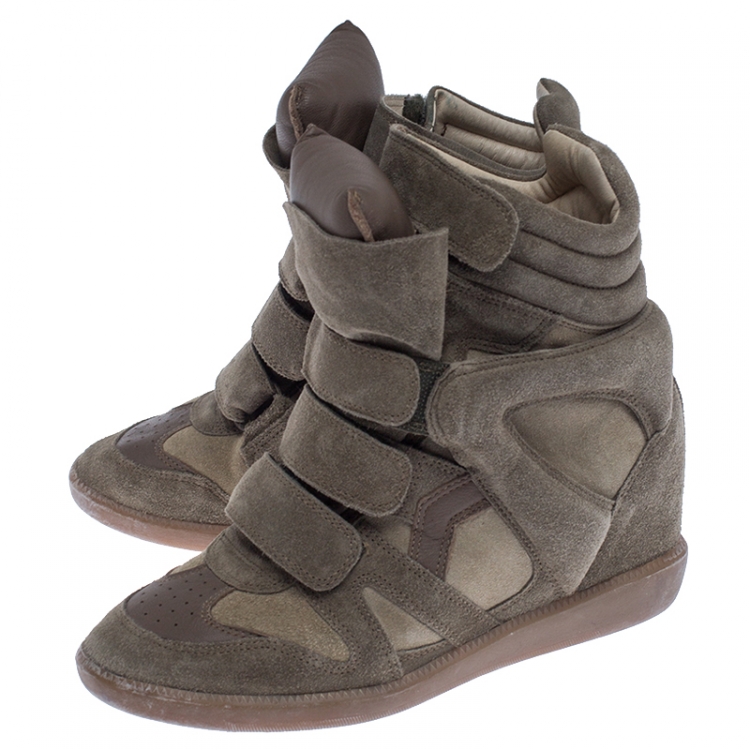 Pre Owned Isabel Marant Olive Green Suede And Leather Trim Bekett Wedge Sneakers Size 37