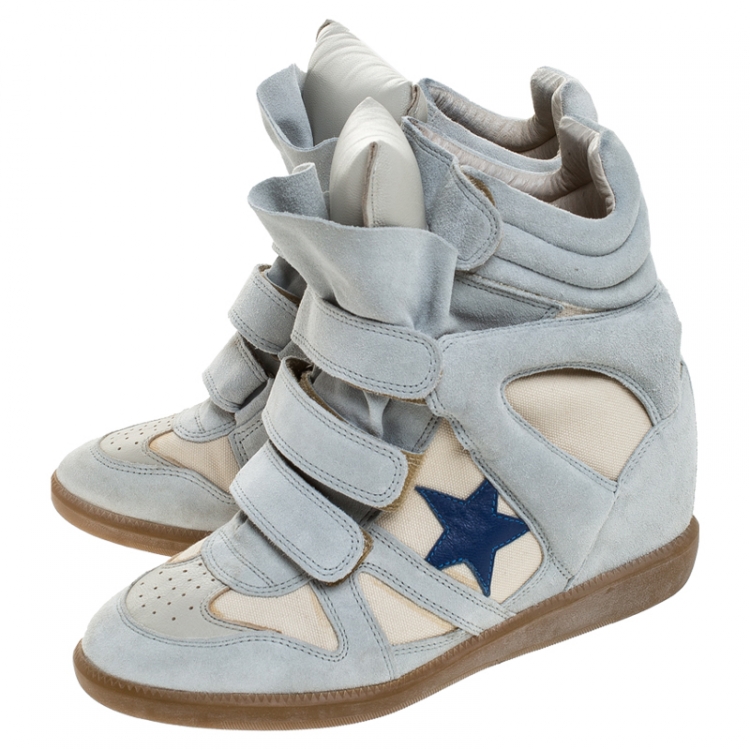 Pre Owned Isabel Marant Beige Canvas And Powder Blue Suede Bekett Wedge Sneakers Size 39