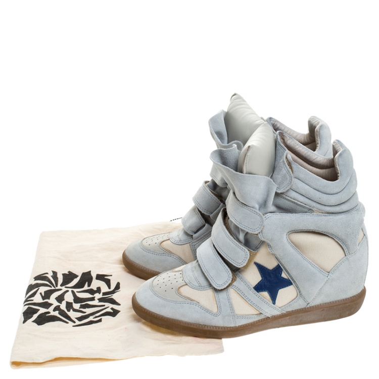Pre Owned Isabel Marant Beige Canvas And Powder Blue Suede Bekett Wedge Sneakers Size 39