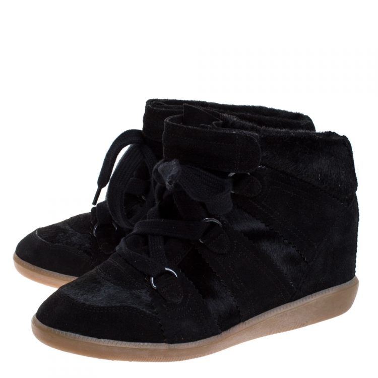 Pre Owned Isabel Marant Black Suede And Pony Hair Bobby Wedge Sneakers Size 37