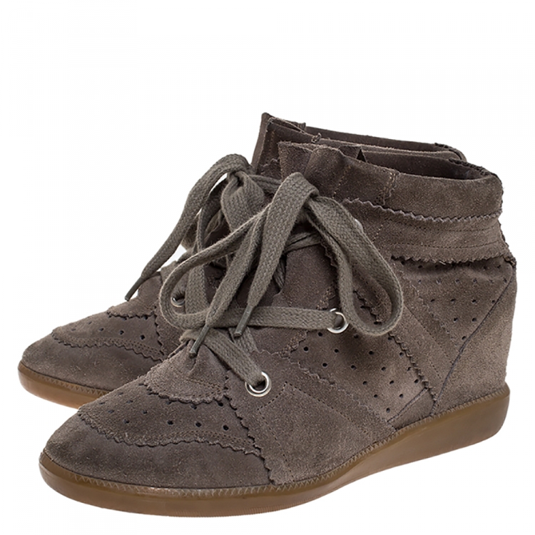Pre Owned Isabel Marant Grey Suede Leather Bobby Wedge Lace Up Sneakers Size 38